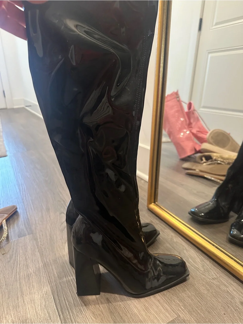 Patent Black Knee-High Block Heel Boots